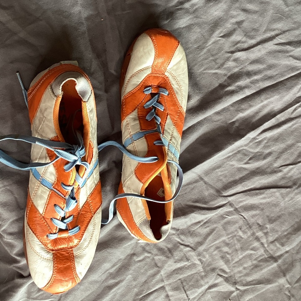Orange and White Trainer Athletic Shoes with Blue Laces